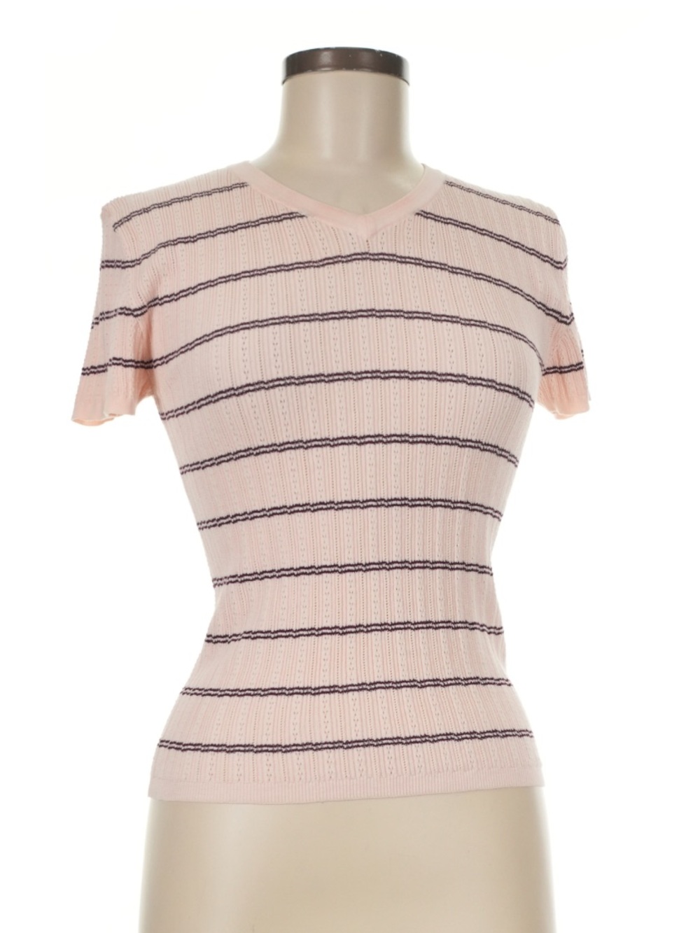 J. Crew Pink V-Neck Short Sleeve Knit with Brown Stripes